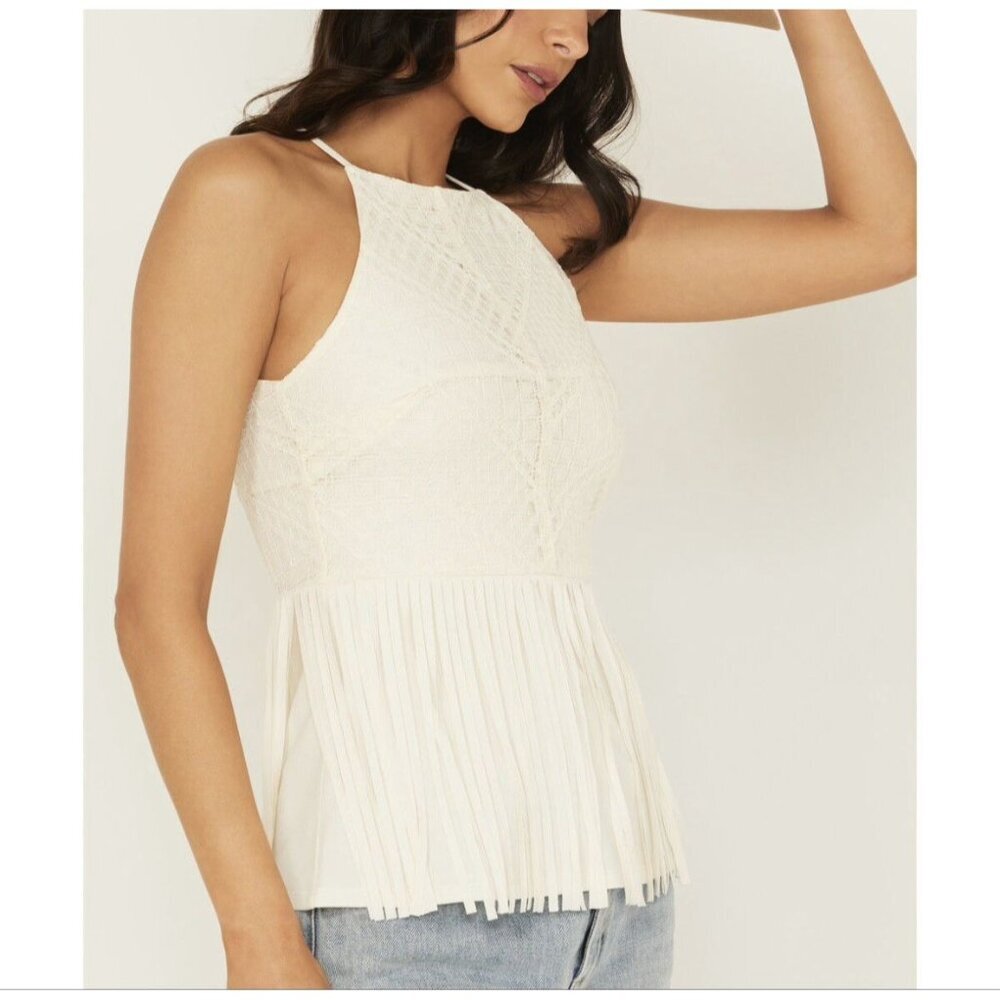 Shyanne Womens Medium Cream Stretch Lace Halter Fringe Top Western Cowgirl Rodeo